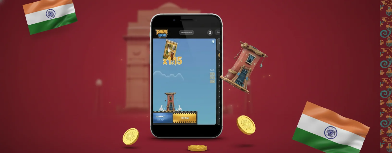 Mockup of three Indian casino apps - 1Win, Pin-Up, Parimatch - on Android phones showing the Tower Rush game tile inside each lobby