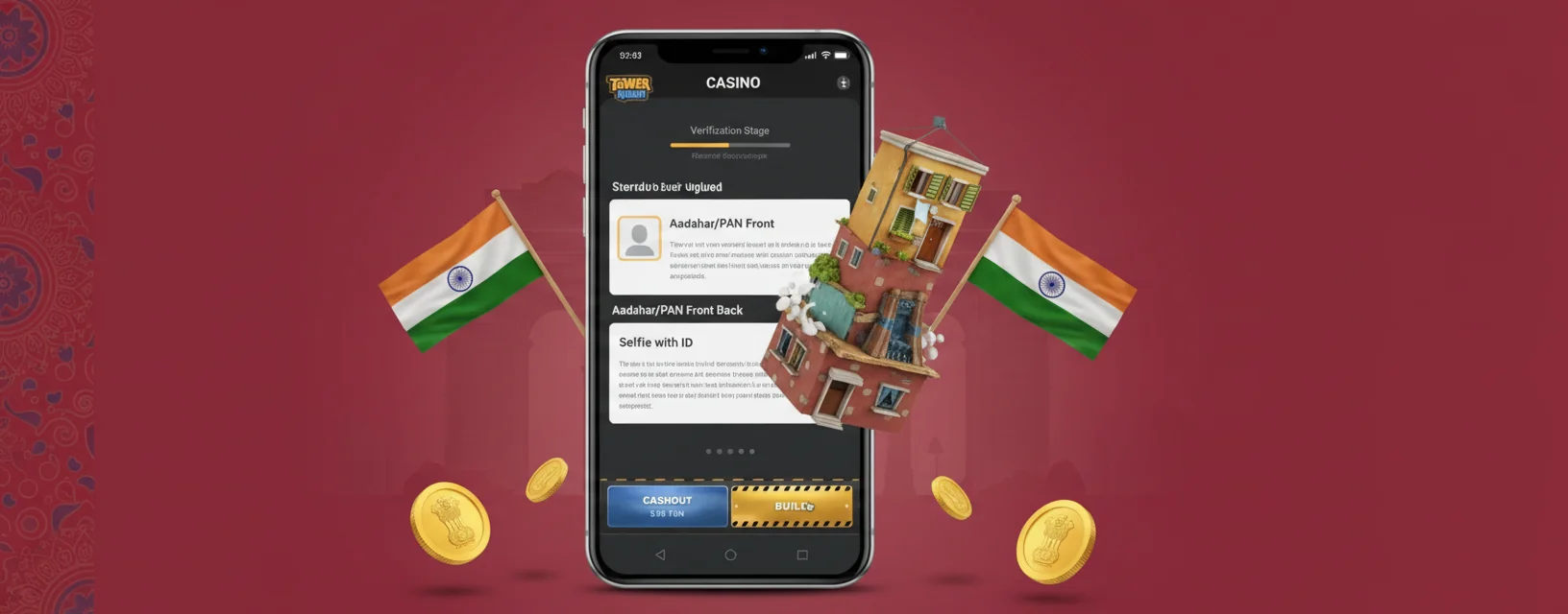 KYC upload screen with Aadhaar, PAN, address proof, and UPI confirmation slots and verification status indicators