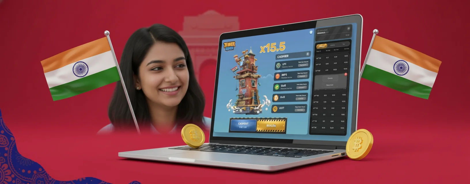 Casino cashier showing UPI, NetBanking, Visa, Skrill, BTC, and USDT TRC-20 withdrawal options with limits